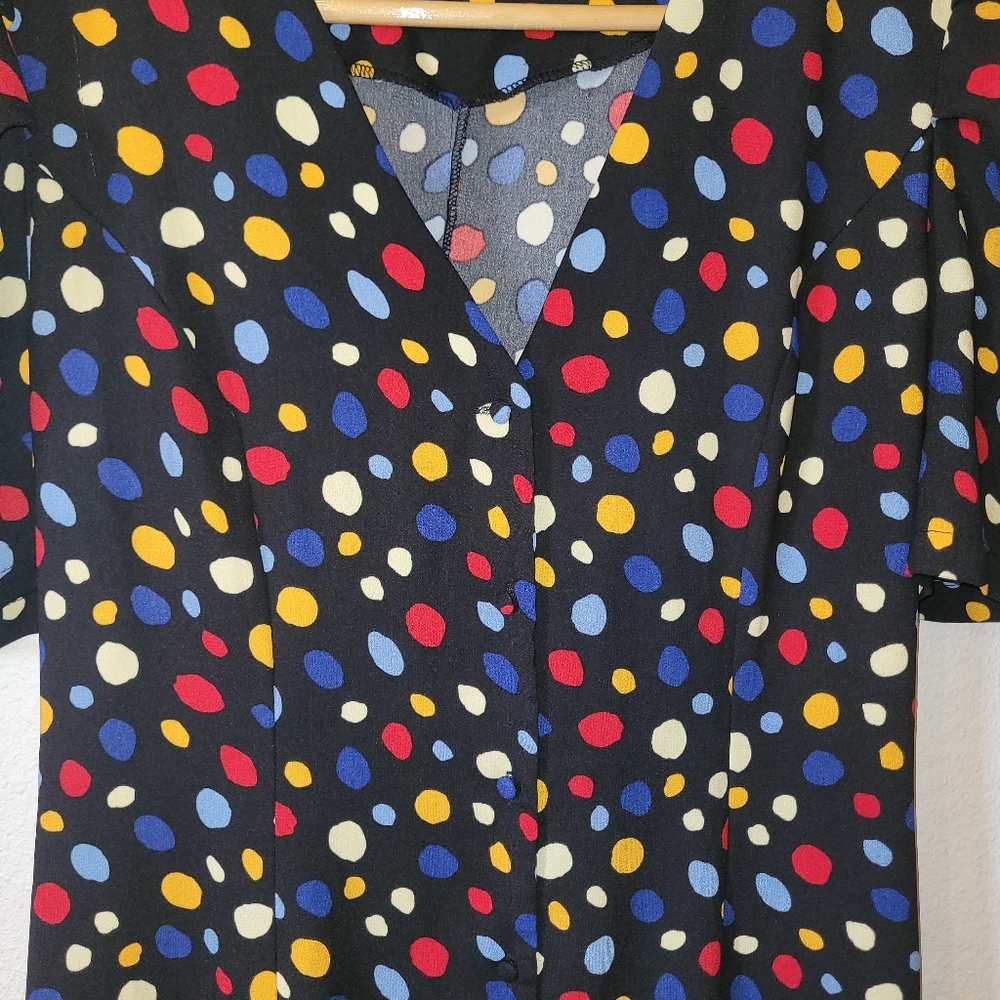 Rihoas Polka Dot Midi Dress Slim Tie Back XL Button Front Fit Flare Black S/S - Picture 10 of 11
